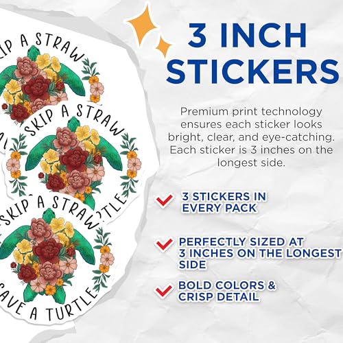 (3 Pack) Save a Turtle Decals - Floral Turtle Art - Laptop Stickers - 3 Inches On Longest Side - Easy Peel & Apply - Made in USA - 3MCS2947