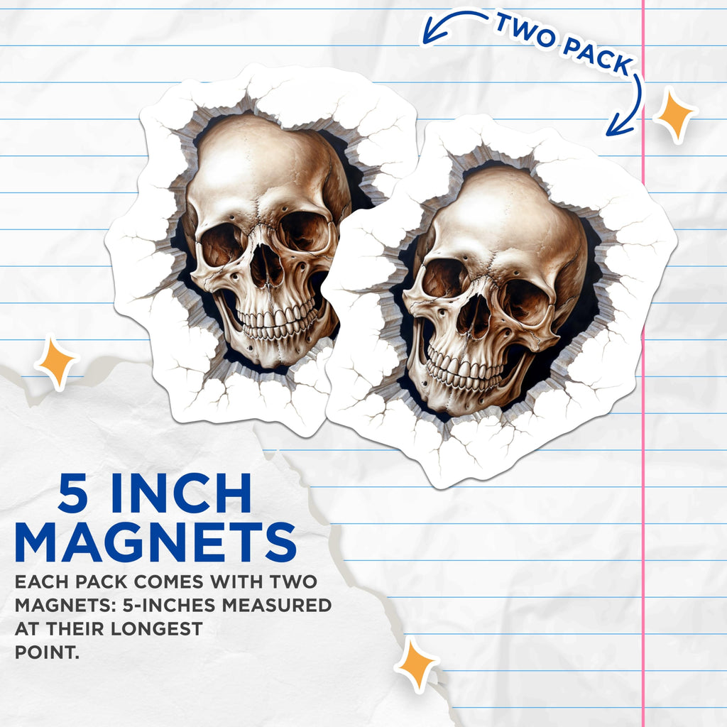 (2 Pack) Realistic Skull Magnets - Creepy Macabre Wall Illusion Art - Gothic Human Skeleton Decor - 5 Inches On Longest Side - Thick Durable Magnet - Made in USA - MAG20251