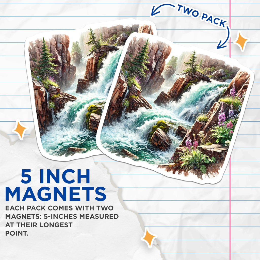 (2 Pack) Waterfall Magnets - River Rapids Decor - Mountain Stream Art Refrigerator Magnets - 5" On Longest Side - Premium Magnet - for Cars, Refrigerators, Toolboxes, Lockers - Made in USA - MAG17291