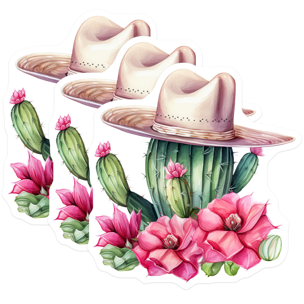 (3 Pack) Cactus Decals - Cowboy Hat Flowers Stickers - Laptop Stickers - 3 Inches On Longest Side - Easy Peel & Apply - Made in USA - 3MCS2165