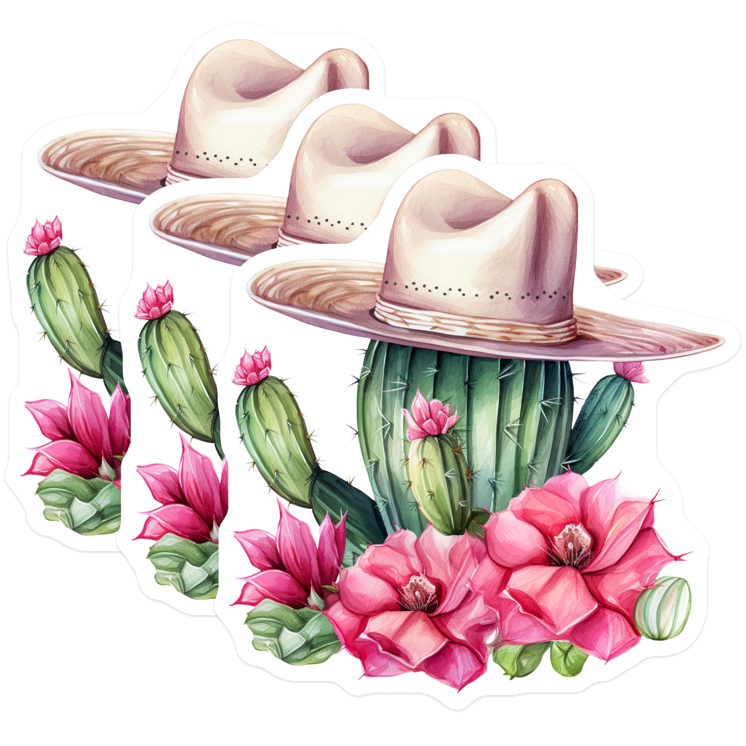(3 Pack) Cactus Decals - Cowboy Hat Flowers Stickers - Laptop Stickers - 3 Inches On Longest Side - Easy Peel & Apply - Made in USA - 3MCS2165
