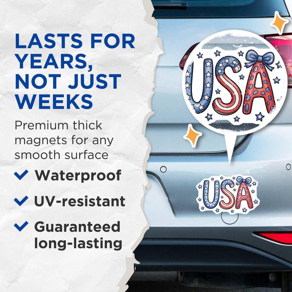 (2 Pack) Patriotic USA Magnets - American Flag Decor - Red White Blue Kitchen Fridge - Independence Day Celebration - 5 Inches On Longest Side - Thick Durable Magnet - Made in USA - MAG37775