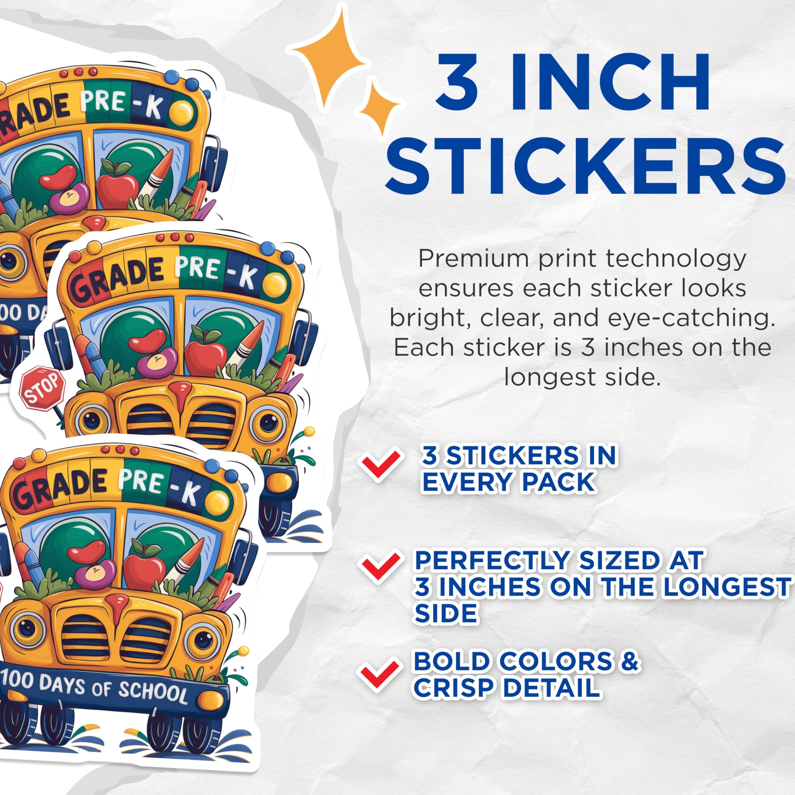 (3 Pack) School Bus Decals - 100 Days of School - Grade Pre K Decal - 3 Inches On Longest Side - Easy Peel & Apply - Made in USA - 3MCS2179