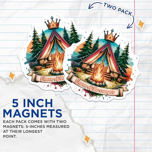 (2 Pack) Queen of The Camper Magnets - Camping Decoration - Outdoor Adventure Novelty Magnets - Camper Life Magnets - 5" On Longest Side - for Cars, Fridges, Toolboxes - Made in USA - MAG6769