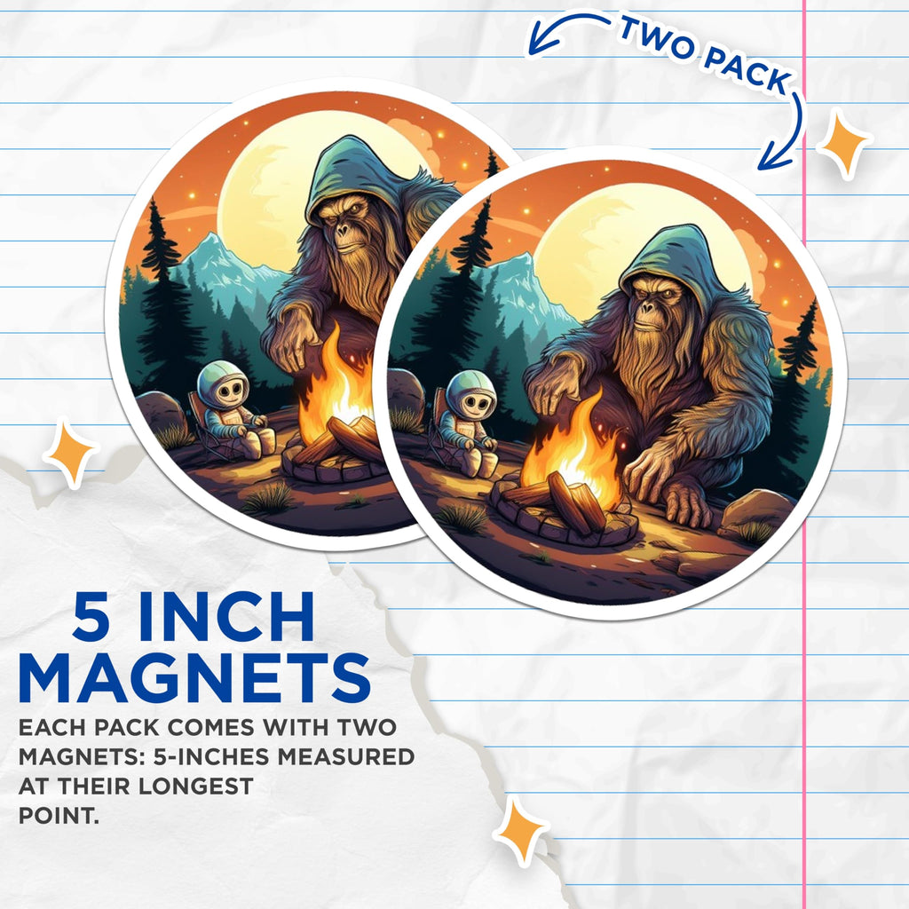 (2 Pack) Bigfoot Magnets - Sasquatch Astronaut Campfire - Cryptid Outdoor Decor - 5 Inches On Longest Side - Thick Durable Magnet - Made in USA - MAG22876
