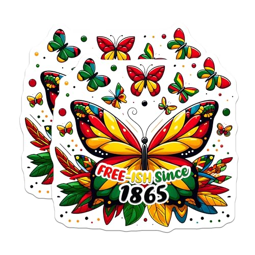 (2 Pack) Free-ish Since 1865 Stickers - Colorful Butterfly - Juneteenth Celebration - 5" On Longest Side - Sticks to Smooth Flat Surfaces - Made in USA - BMCS7357