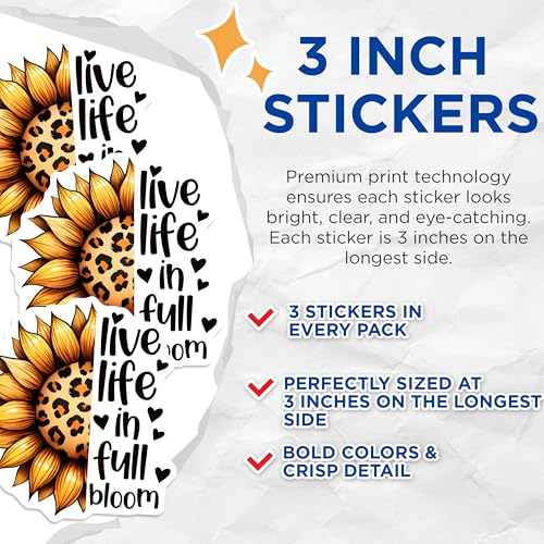 (3 Pack) Sunflower Decals - Leopard Print Sunflower - Live Life in Bloom Decal - 3 Inches On Longest Side - Easy Peel & Apply - Made in USA - 3MCS6743