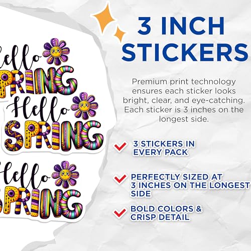 (3 Pack) Hello Spring Decals - Colorful Flower - Floral Laptop Decal - 3 Inches On Longest Side - Easy Peel & Apply - Made in USA - 3MCS6770