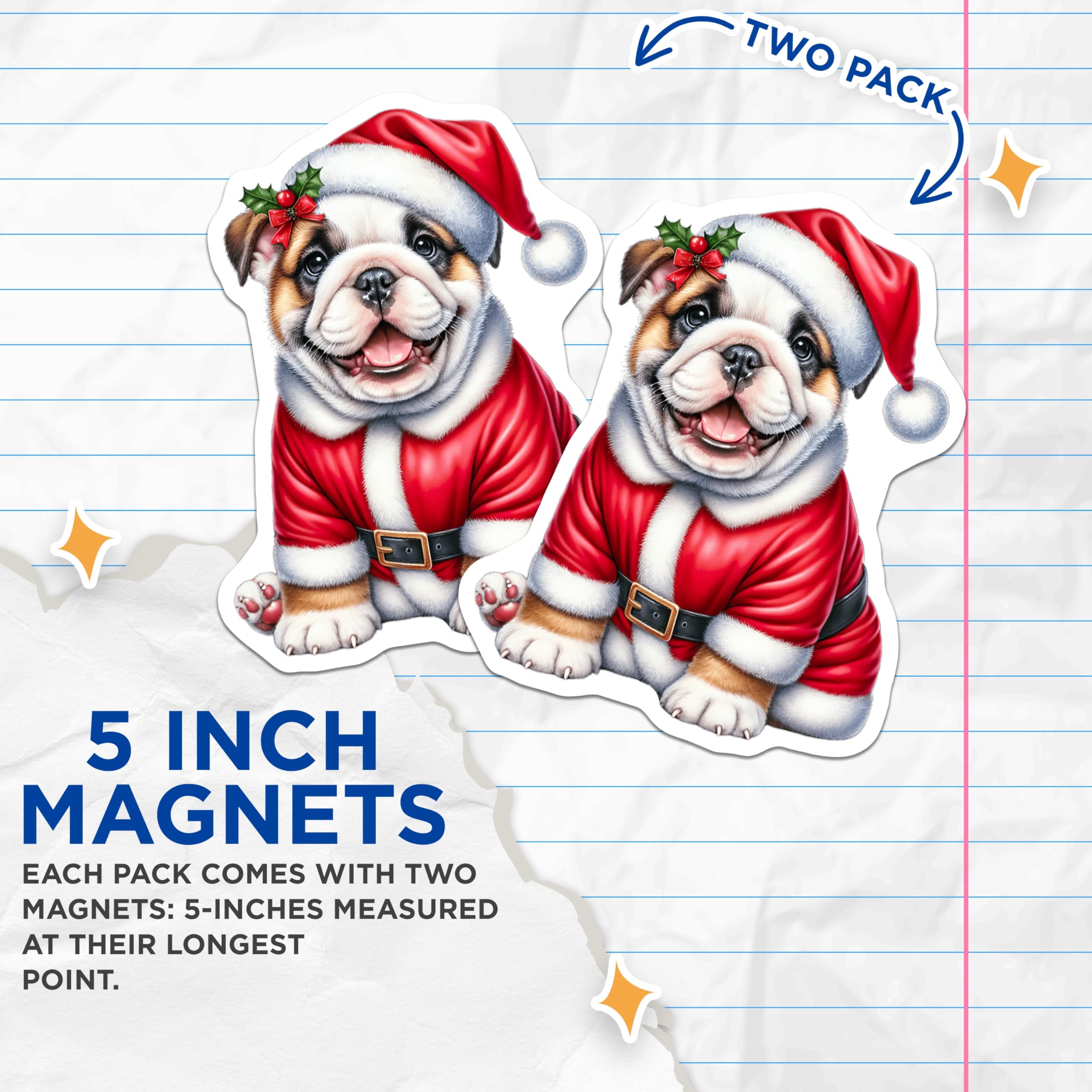(2 Pack) Bulldog Santa Magnets - Cute Christmas Dog Pet Decor - Holiday Fridge Locker Office Puppy Accessories - 5 Inches On Longest Side - Thick Durable Magnet - Made in USA - MAG25692