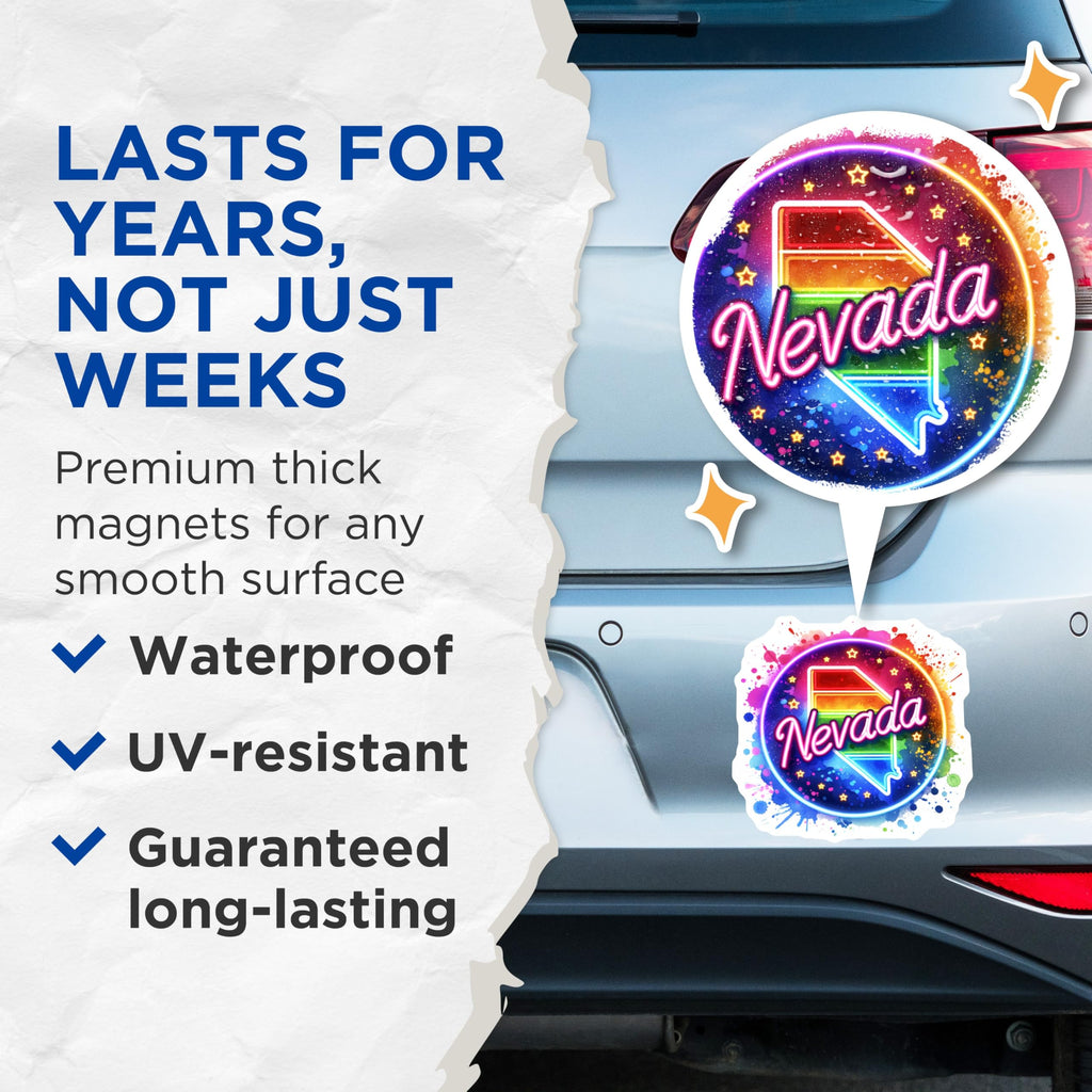 (2 Pack) Nevada State Magnets - Rainbow Neon Design - Vibrant Watercolor Art - 5 Inches On Longest Side - Thick Durable Magnet - Made in USA - MAG21276