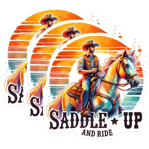 (3 Pack) Cowboy Horse Decals - Western Rider - Saddle Up and Ride- 3 Inches On Longest Side - Easy Peel & Apply - Made in USA - 3MCS5657