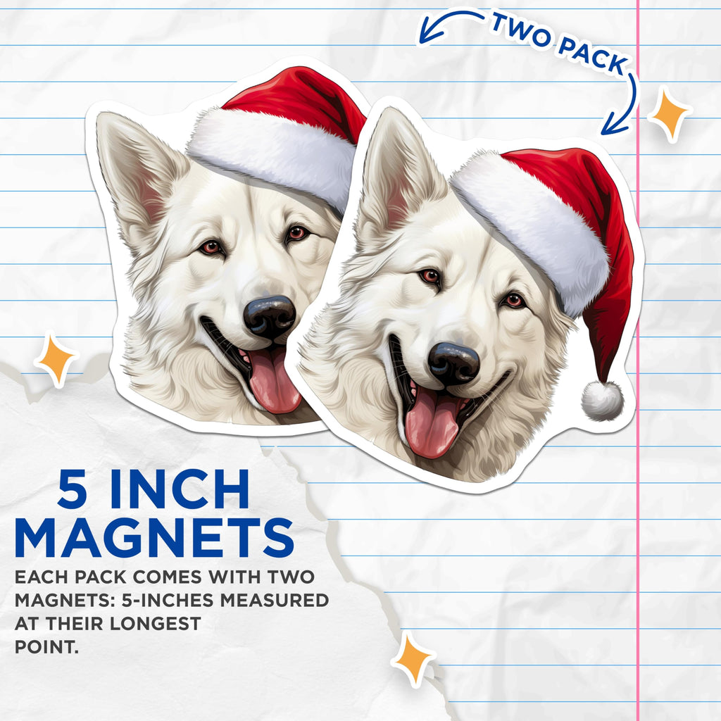 (2 Pack) Christmas Dog Magnets - Santa Hat Samoyed White Shepherd - Holiday Pet Decor - Winter Animal Accessories - 5 Inches On Longest Side - Thick Durable Magnet - Made in USA - MAG30349