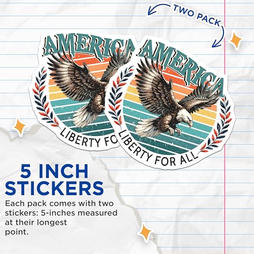 (2 Pack) America Liberty for All Stickers - Bald Eagle - Patriotic - Vintage USA - 5" On Longest Side - Sticks to Smooth Flat Surfaces - Made in USA - BMCS7396