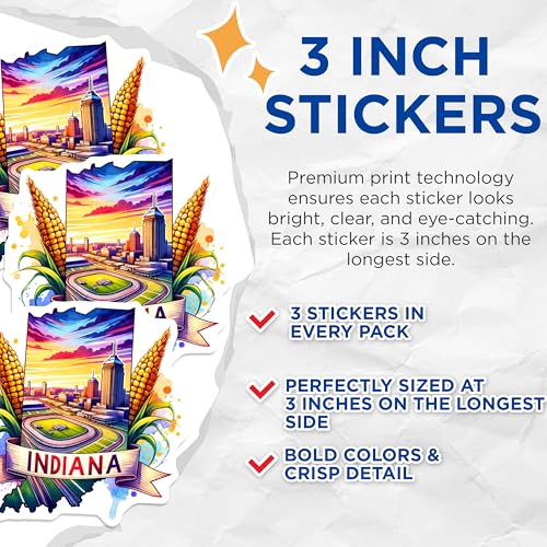 (3 Pack) Indiana State Decals - Indianapolis Skyline - Corn Art Stickers- 3 Inches On Longest Side - Easy Peel & Apply - Made in USA - 3MCS5777
