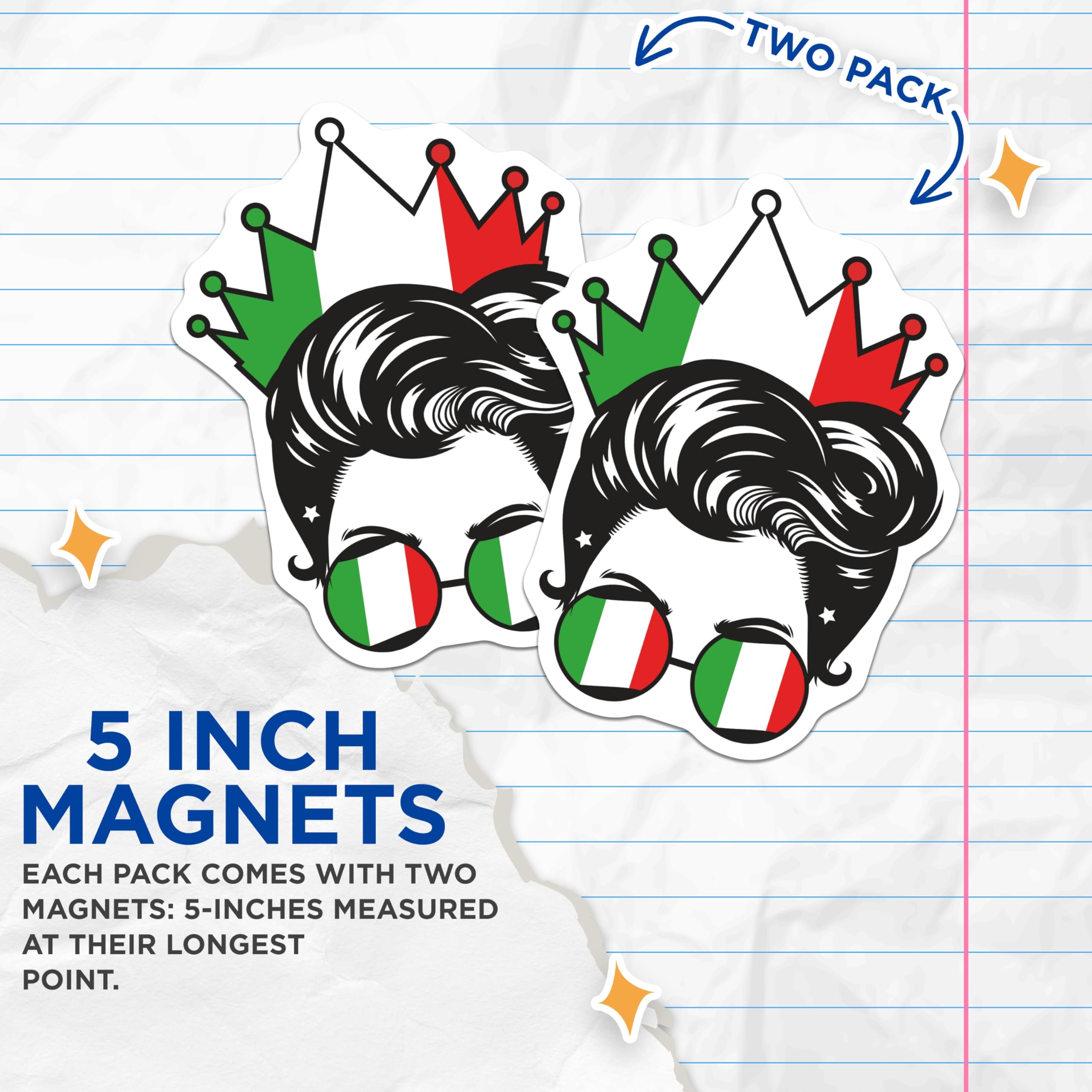 (2 Pack) Italian King Magnets - Italy Flag Shades - Quirky Decorative Magnet - 5" On Longest Side - Premium Magnet - for Cars, Refrigerators, Toolboxes, Lockers - Made in USA - MAG18318