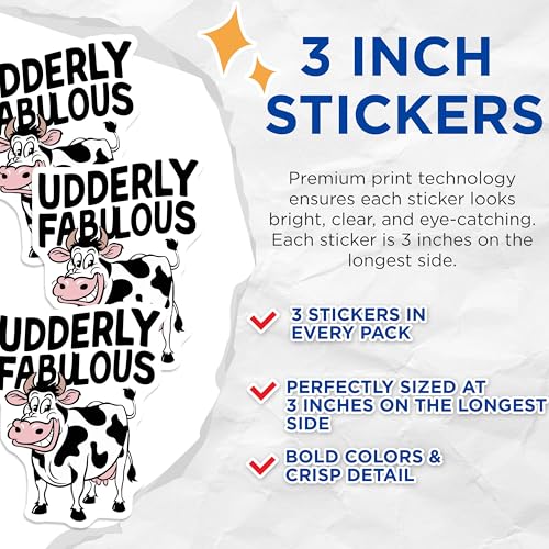 (3 Pack) Udderly Fabulous Decals - Funny Cow Stickers - Laptop Decal - Cute Animal Decals - 3 Inches On Longest Side - Easy Peel & Apply - Made in USA - 3MCS2744