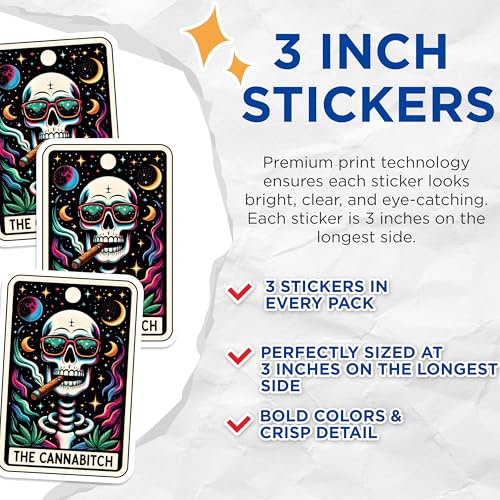 (3 Pack) Cannabis Tarot Decals - Skull Laptop Decal - Funny Slogan Sticker - 3 Inches On Longest Side - Easy Peel & Apply - Made in USA - 3MCS4129