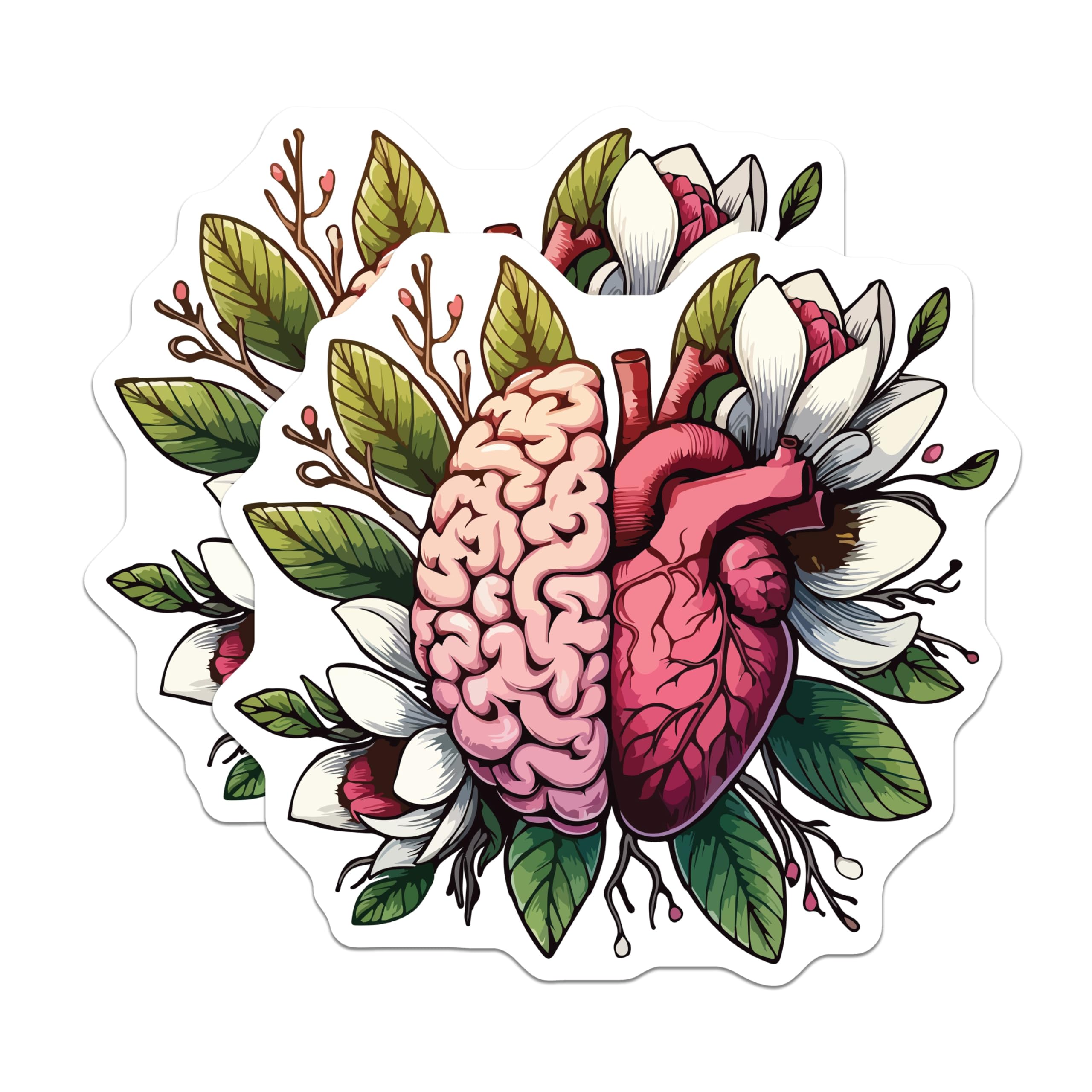 (2 Pack) Human Brain Heart Magnets - Anatomical Floral Botanical Art - Mind Emotion Balance Spiritual Decor - 5 Inches On Longest Side - Thick Durable Magnet - Made in USA - MAG20133
