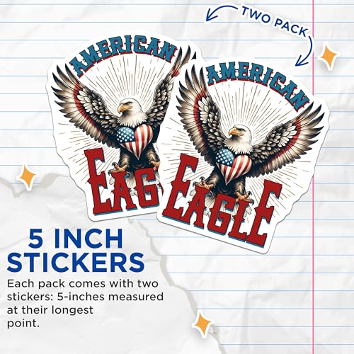 (2 Pack) American Eagle Stickers - Patriotic Bald Eagle - USA Flag Art - 5" On Longest Side - Sticks to Smooth Flat Surfaces - Made in USA - BMCS7402