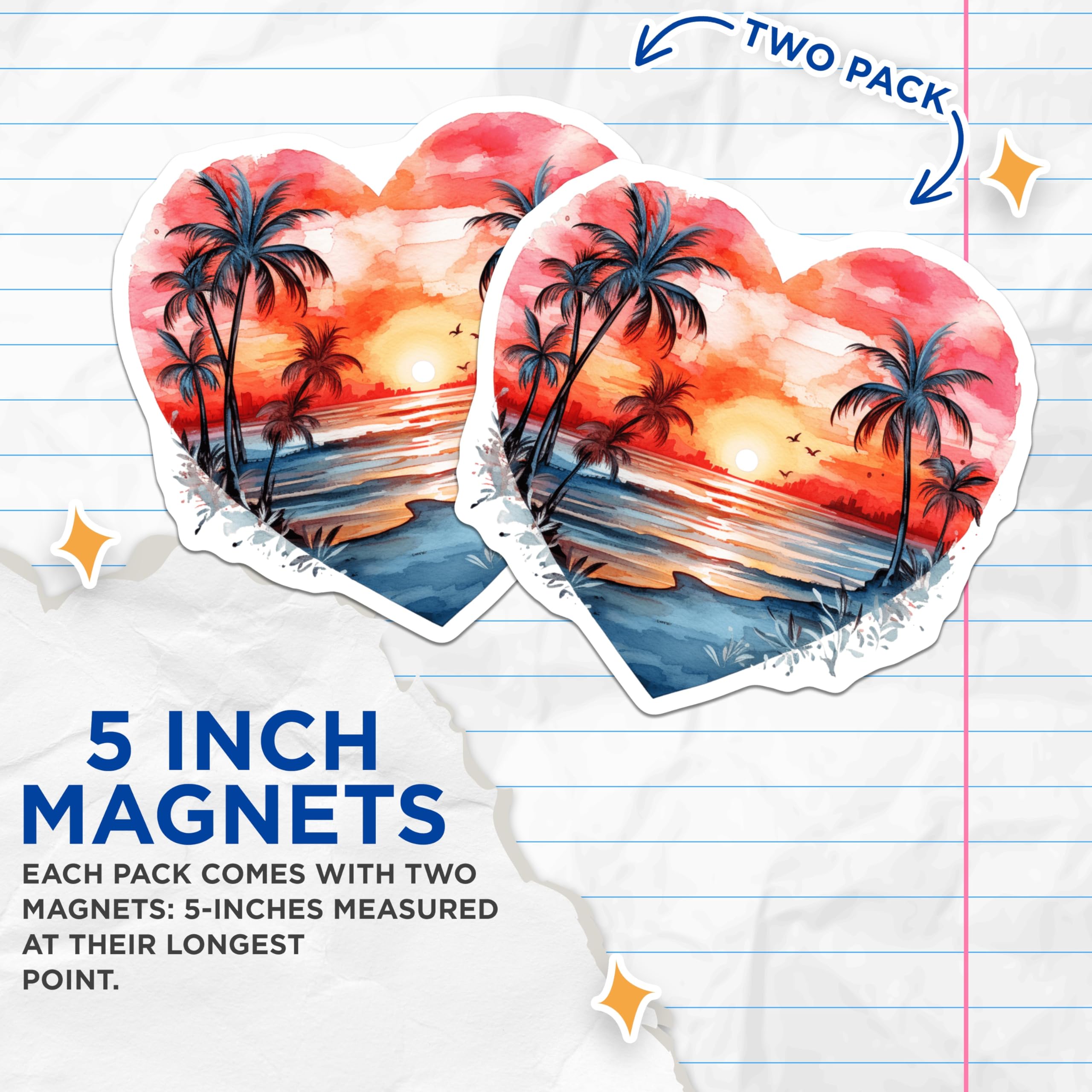 (2 Pack) Tropical Sunset Magnets - Heart Beach Landscape - Watercolor Palm Tree Decor - Coastal Ocean Vibe - 5 Inches On Longest Side - Thick Durable Magnet - Made in USA - MAG21463
