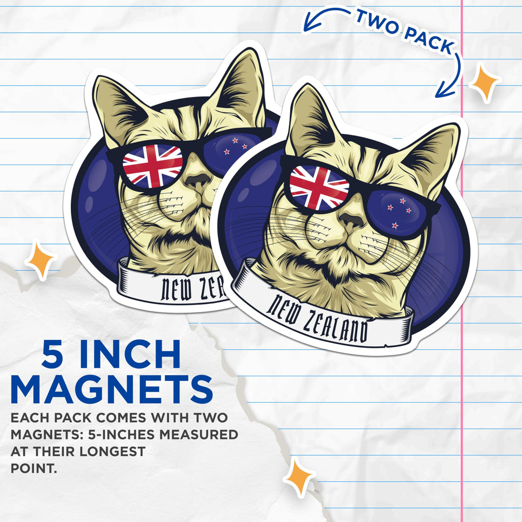 (2 Pack) New Zealand Cat Magnets - Kiwi Cat Art - Cool Cat Souvenir Magnets - 5" On Longest Side - Premium Magnet - for Cars, Refrigerators, Toolboxes, Lockers - Made in USA - MAG18961