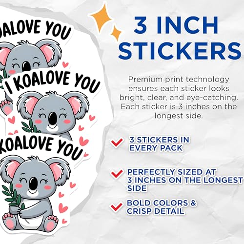 (3 Pack) Koala Decals - Animal Laptop Decal - I Koalove You Decals - 3 Inches On Longest Side - Easy Peel & Apply - Made in USA - 3MCS2536