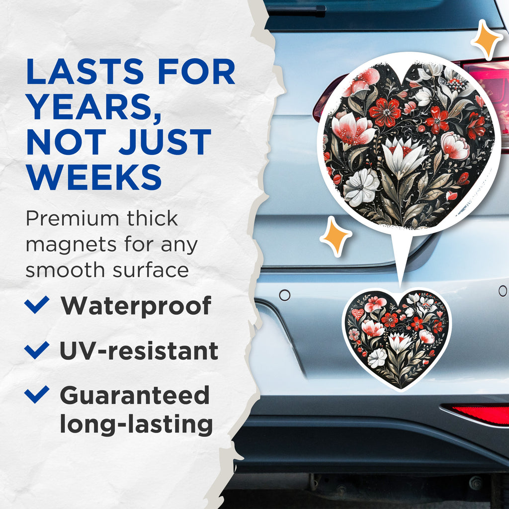(2 Pack) Floral Heart Magnets - Folk Art Refrigerator Decor - Romantic Kitchen Accessories - 5 Inches On Longest Side - Thick Durable Magnet - Made in USA - MAG38928