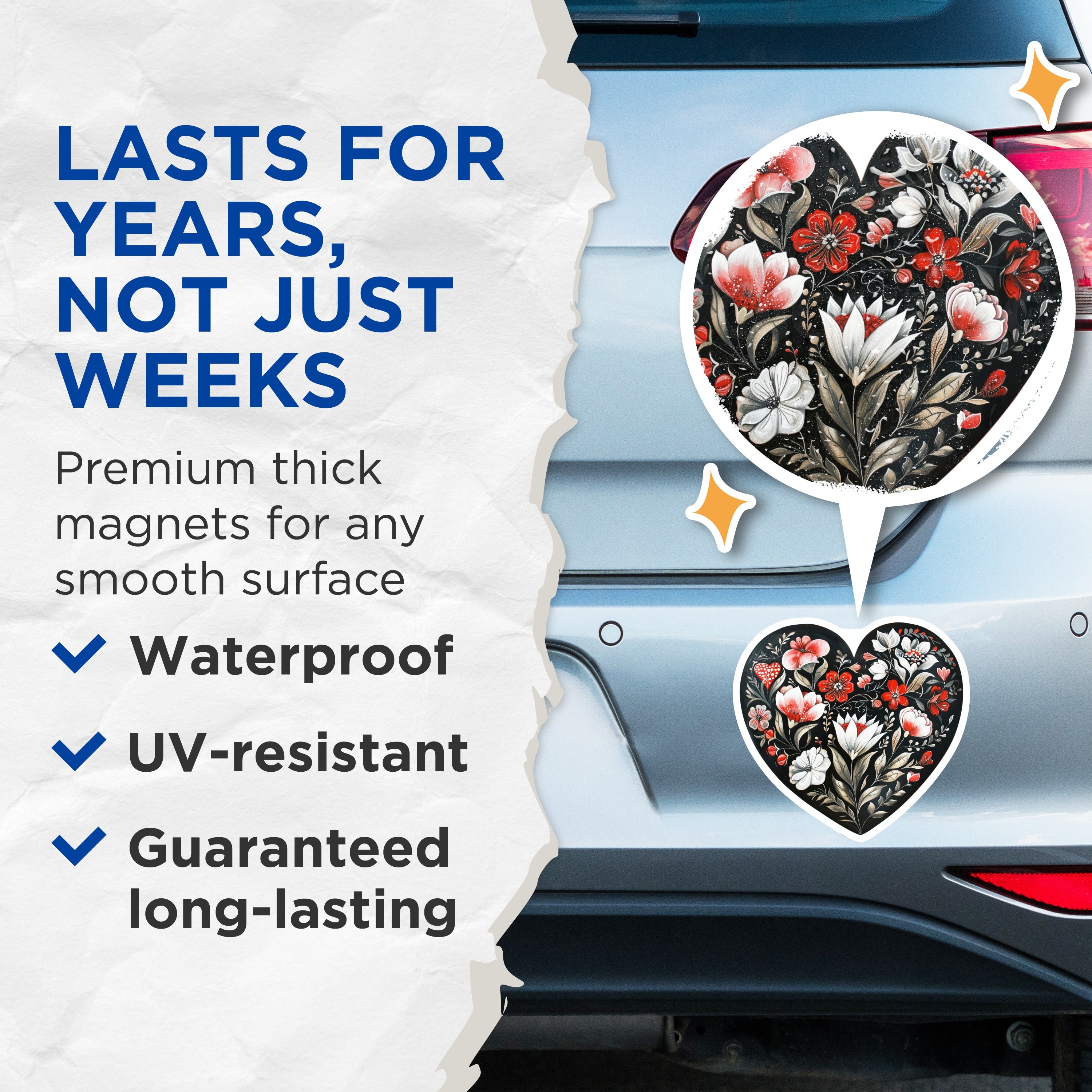 (2 Pack) Floral Heart Magnets - Folk Art Refrigerator Decor - Romantic Kitchen Accessories - 5 Inches On Longest Side - Thick Durable Magnet - Made in USA - MAG38928