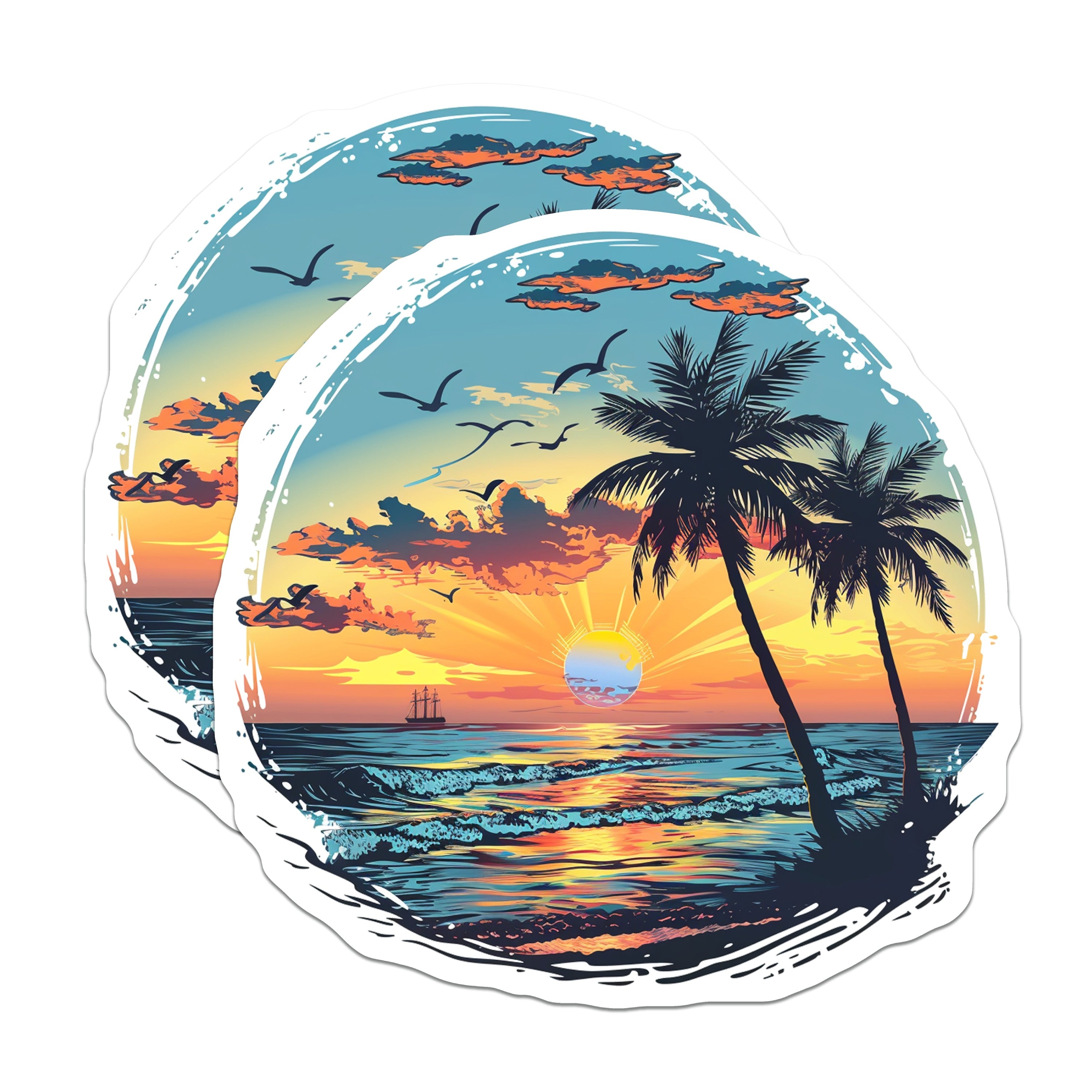 (2 Pack) Tropical Sunset Beach Magnets - Coastal Decor Vibes - Ocean Palm Tree Art - 5 Inches On Longest Side - Thick Durable Magnet - Made in USA - MAG39211