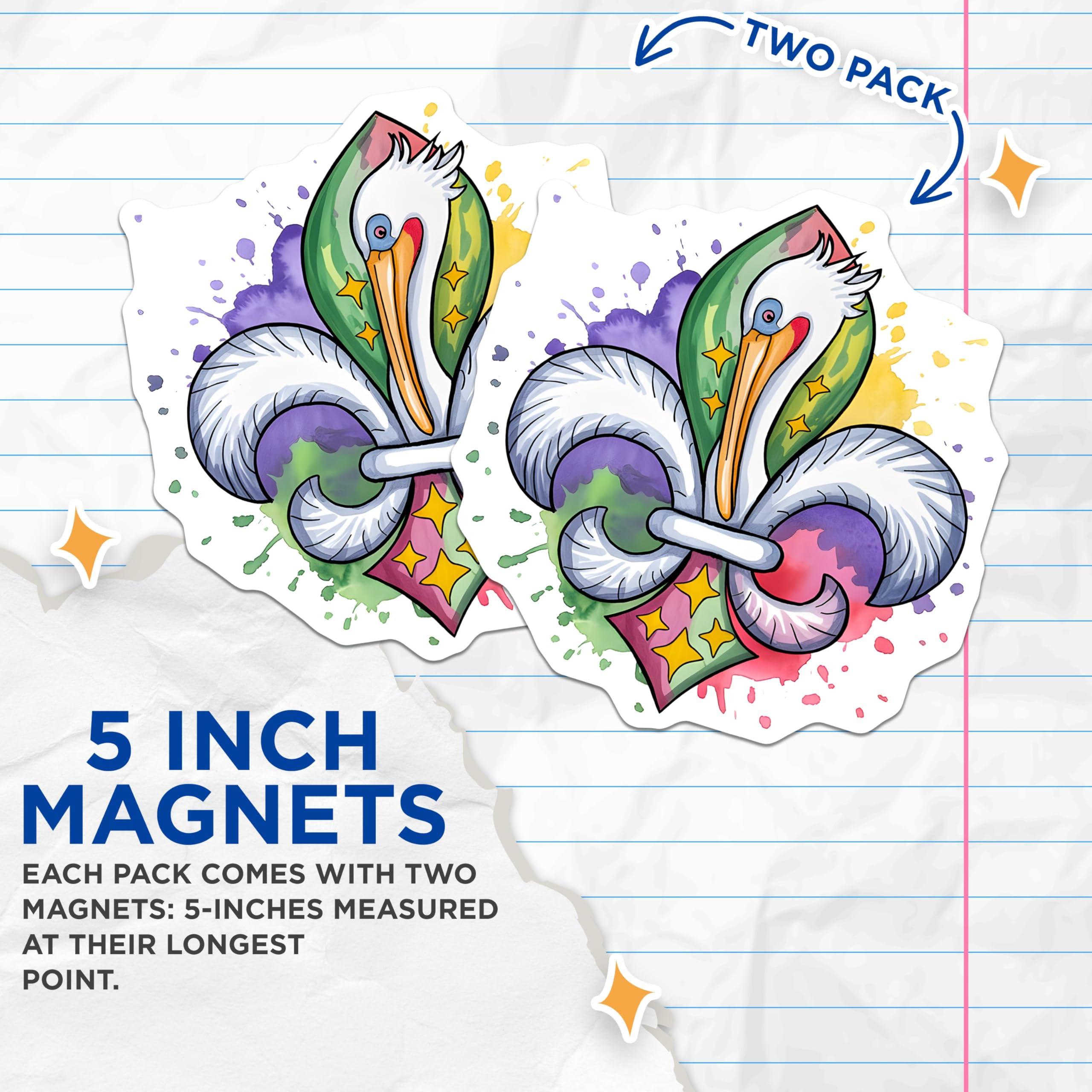 (2 Pack) Mardi Gras Pelican Fleur De Lis Magnets - New Orleans Art Decor - Louisiana Pride Souvenir - 5 Inches On Longest Side - Thick Durable Magnet - Made in USA - MAG27398