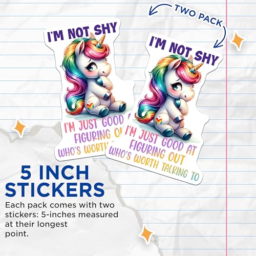 (2 Pack) Cute Unicorn Stickers - I'm Not Shy - Rainbow Decals Funny for Kids - 5" On Longest Side - Sticks to Smooth Flat Surfaces - Made in USA - BMCS7970