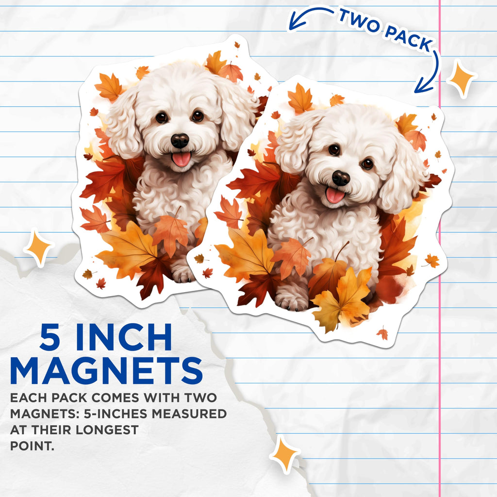 (2 Pack) White Fluffy Dog Magnets - Autumn Leaves Puppy Decor - Bichon Frise Fridge Locker Accent - 5 Inches On Longest Side - Thick Durable Magnet - Made in USA - MAG24480