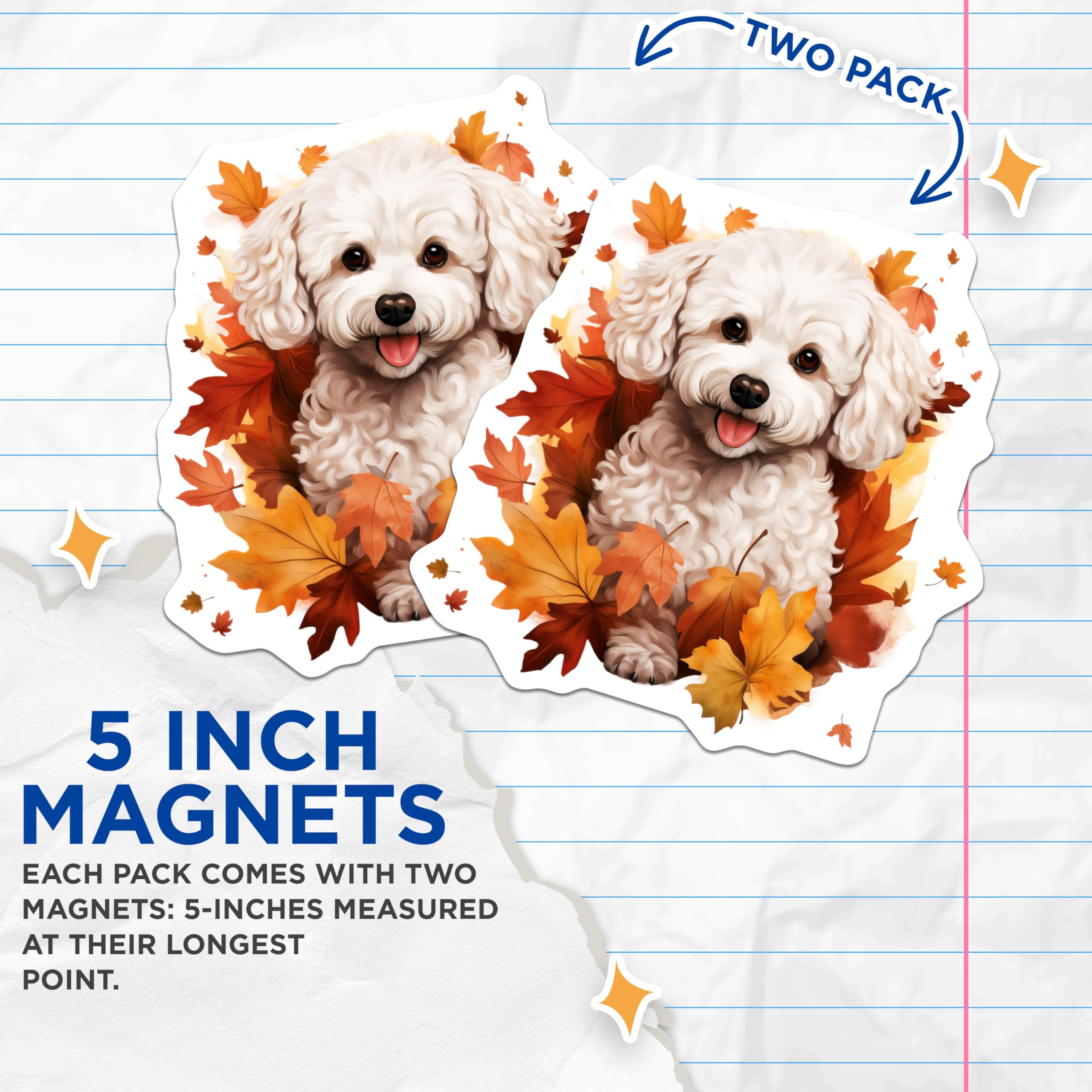 (2 Pack) White Fluffy Dog Magnets - Autumn Leaves Puppy Decor - Bichon Frise Fridge Locker Accent - 5 Inches On Longest Side - Thick Durable Magnet - Made in USA - MAG24480