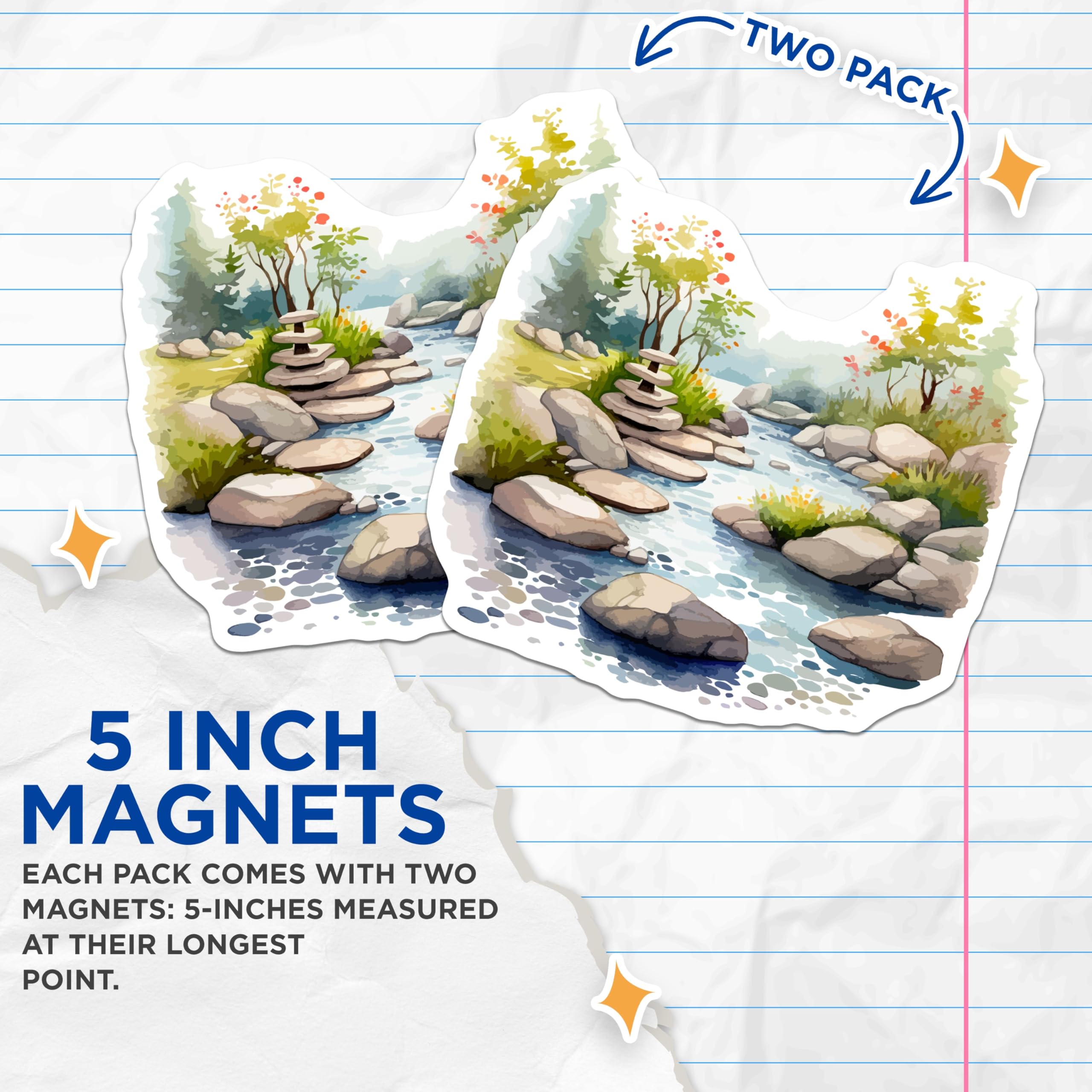 (2 Pack) Japanese Garden River Landscape Magnets - Zen Stacked Stones Nature Art - Serene Watercolor Tranquil Scene Decor - 5 Inches On Longest Side - Thick Durable Magnet - Made in USA - MAG19957