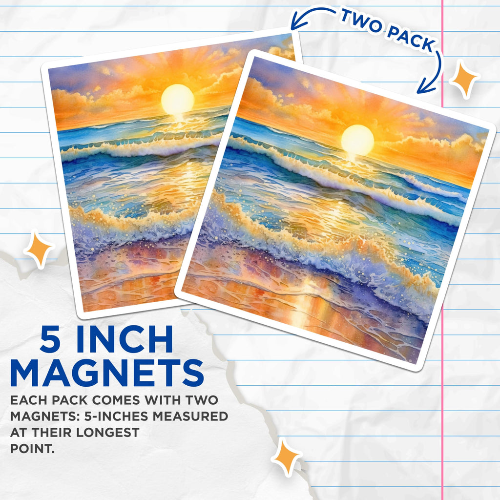 (2 Pack) Ocean Sunset Magnets - Watercolor Waves Art - Coastal Beach Fridge Decor - 5 Inches On Longest Side - Thick Durable Magnet - Made in USA - MAG23972