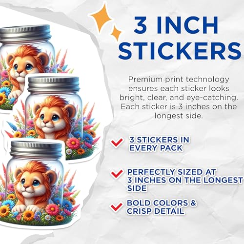 (3 Pack) Lion in Jar Decals - Cute Animal Stickers - Floral Laptop Decals - 3 Inches On Longest Side - Easy Peel & Apply - Made in USA - 3MCS8144