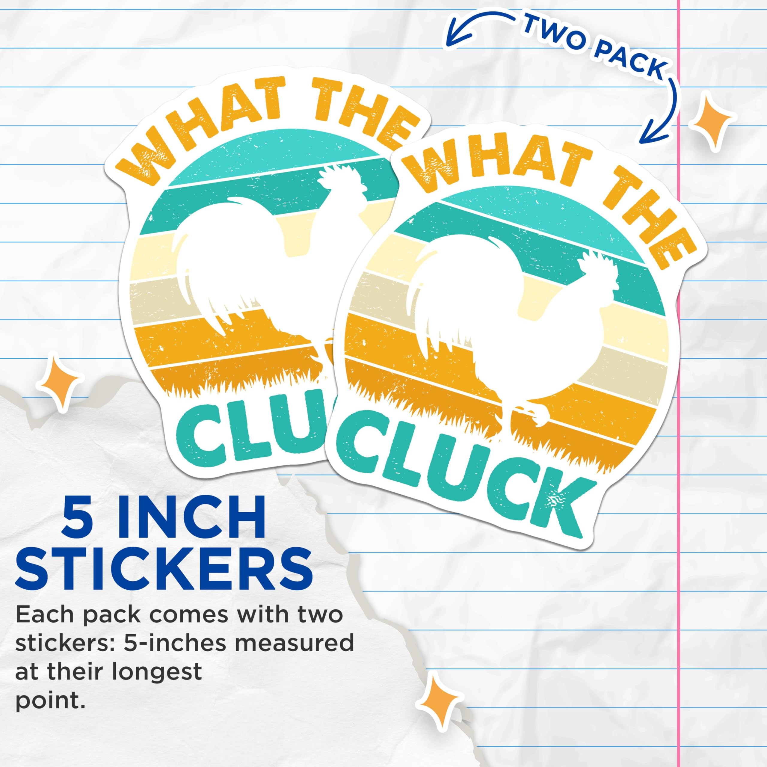 (2 Pack) What The Cluck Stickers - Funny Chicken Stickers - Retro Farm Animal Stickers - 5" On Longest Side - Sticks to Smooth Flat Surfaces - Made in USA - BMCS4929
