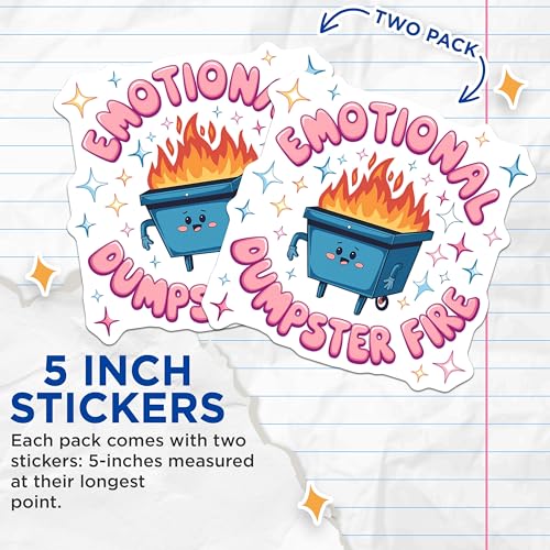 (2 Pack) Emotional Dumpster Fire Stickers - Funny Cartoon Sticker - Mood Tracker Decal - 5" On Longest Side - Sticks to Smooth Flat Surfaces - Made in USA - BMCS9429