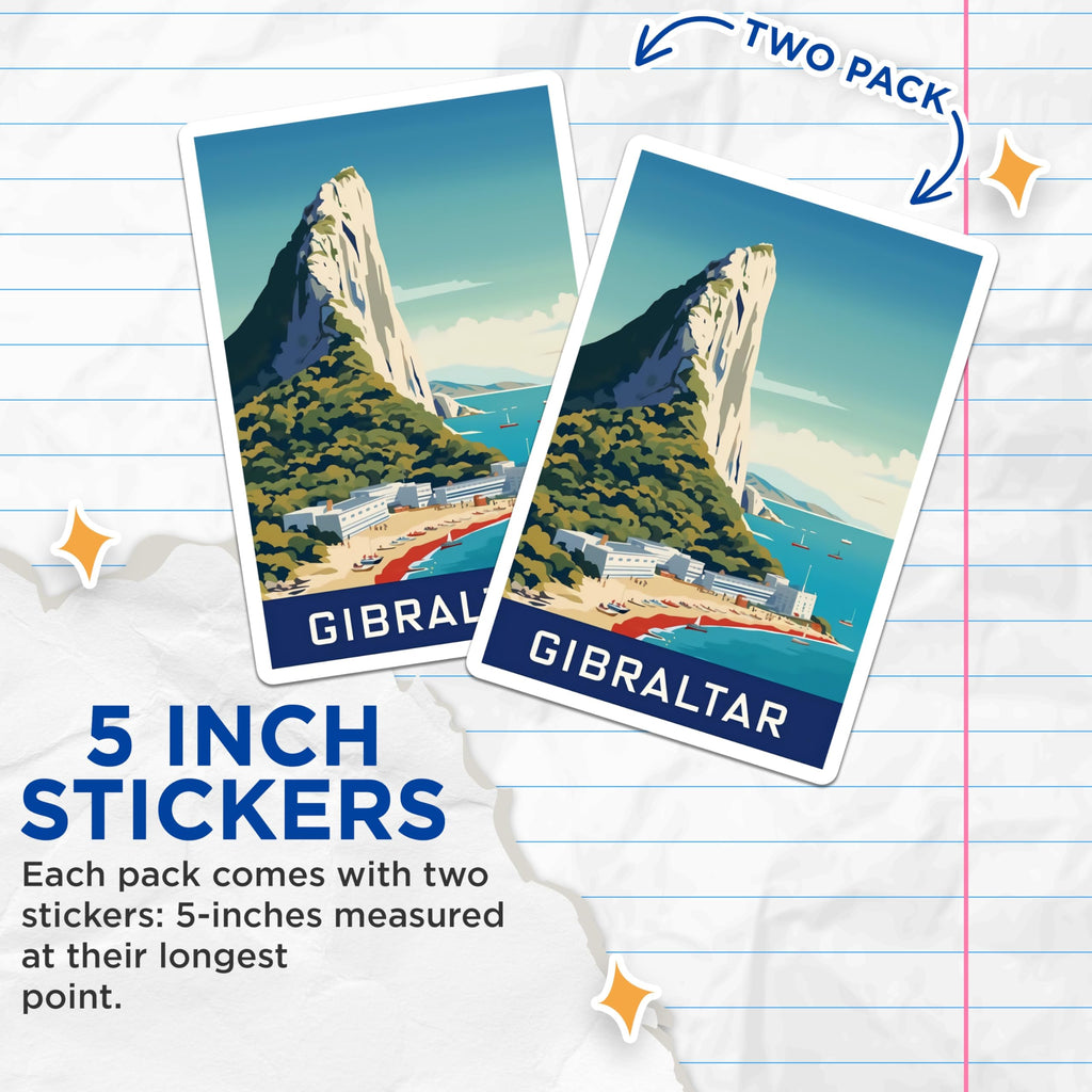(2 Pack) Gibraltar Stickers - Travel Stickers - Rock of Gibraltar - 5" On Longest Side - Sticks to Smooth Flat Surfaces - Made in USA - BMCS17416
