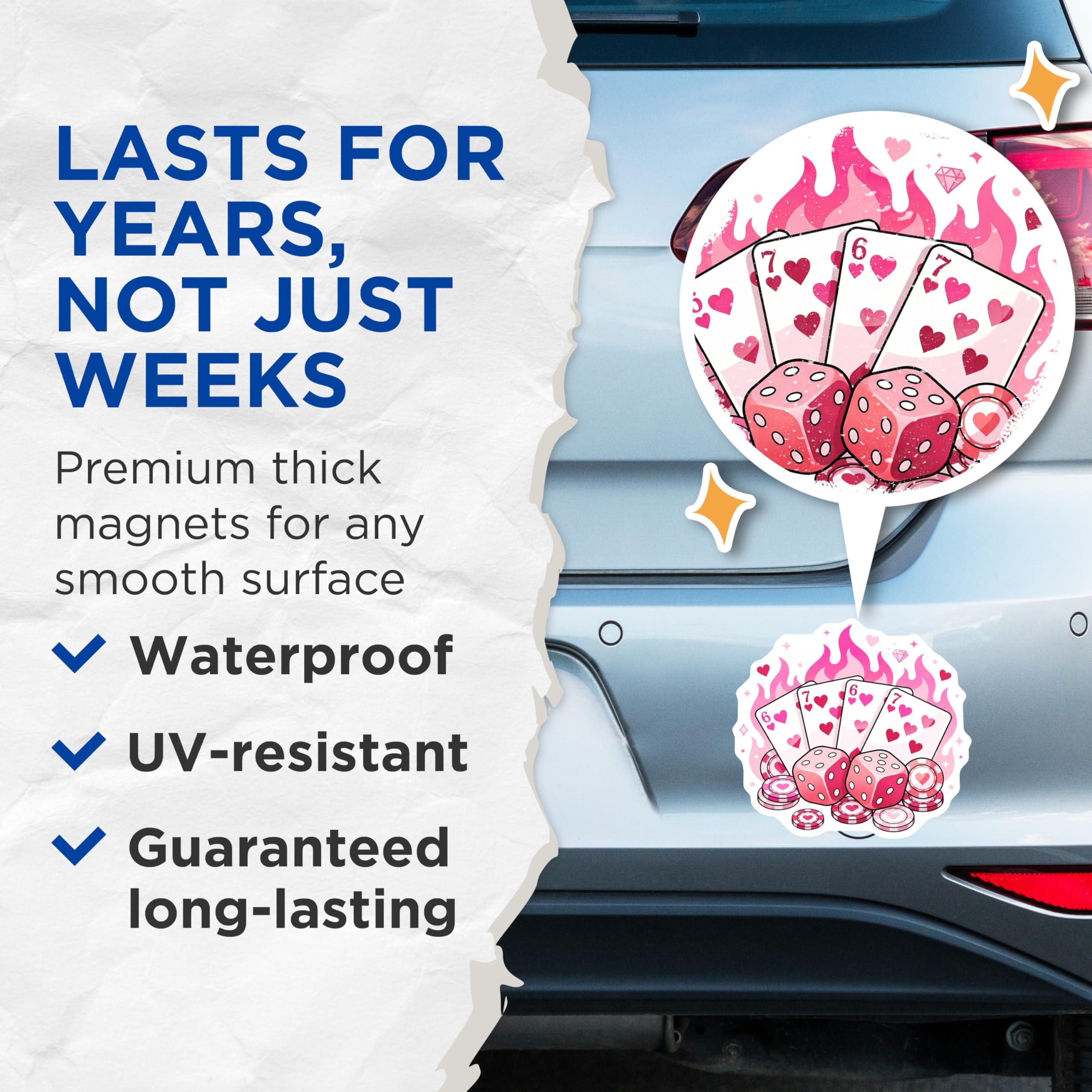 (2 Pack) Casino Magnets - Lucky Dice - Poker Night Decor - 5" On Longest Side - Premium Magnet - for Cars, Refrigerators, Toolboxes, Lockers - Made in USA - MAG16691