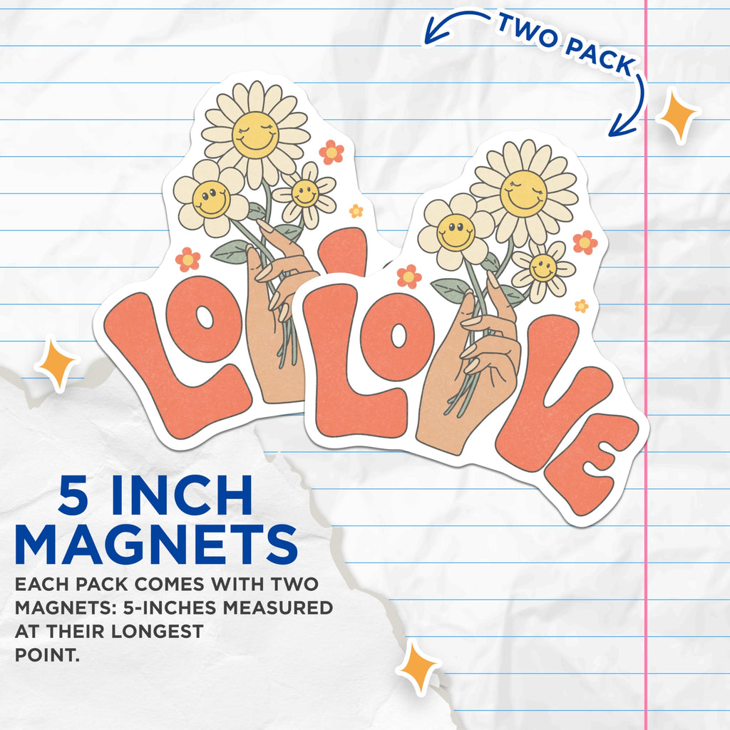(2 Pack) Retro Love Flower Magnets - 70s Decor Fridge Magnet - Groovy Cute Daisy Magnets - 5" On Longest Side - Premium Magnet - for Cars, Refrigerators, Toolboxes, Lockers - Made in USA - MAG14357