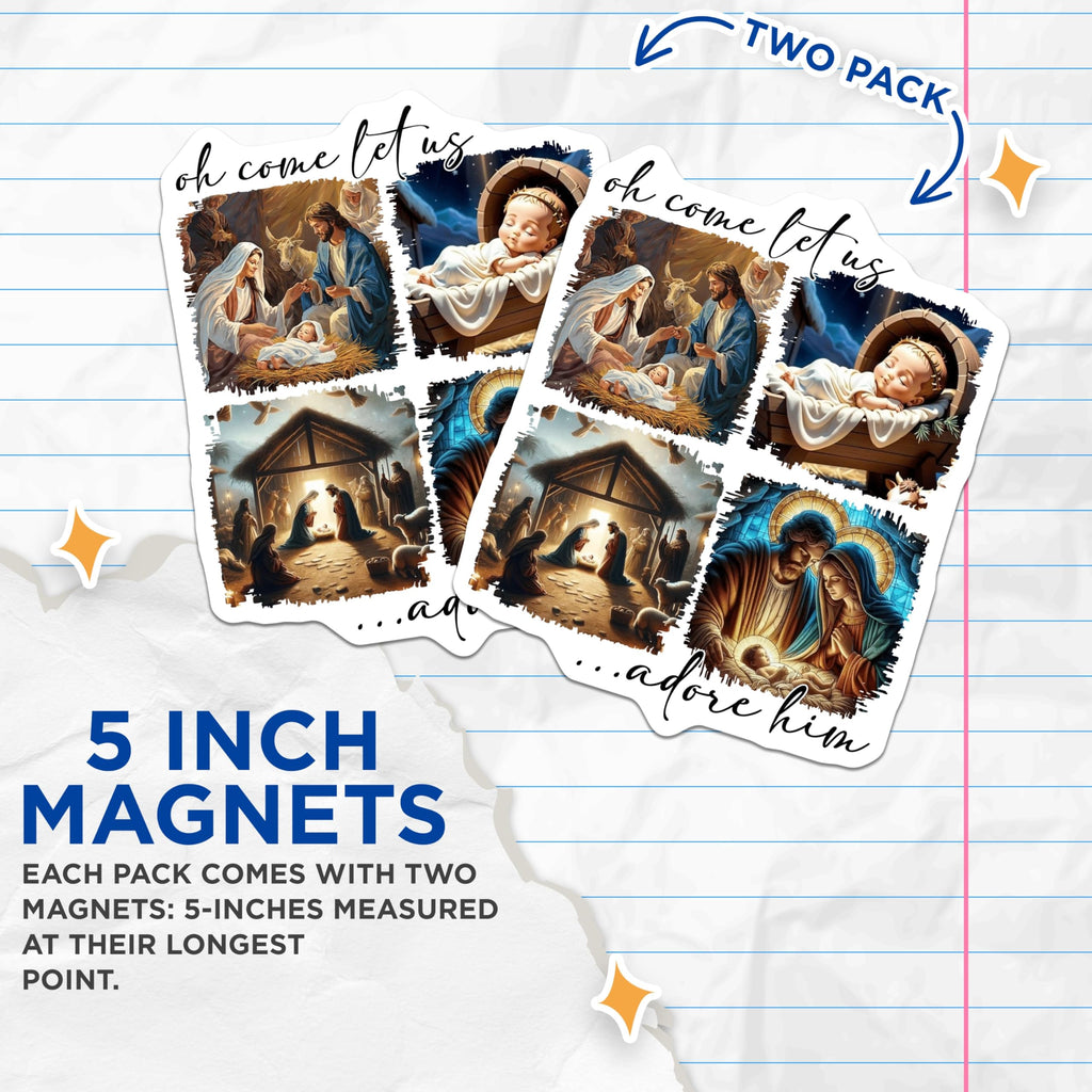 (2 Pack) Nativity Scene Magnets - Baby Jesus Manger - Christian Christmas Decor - 5 Inches On Longest Side - Thick Durable Magnet - Made in USA - MAG28349