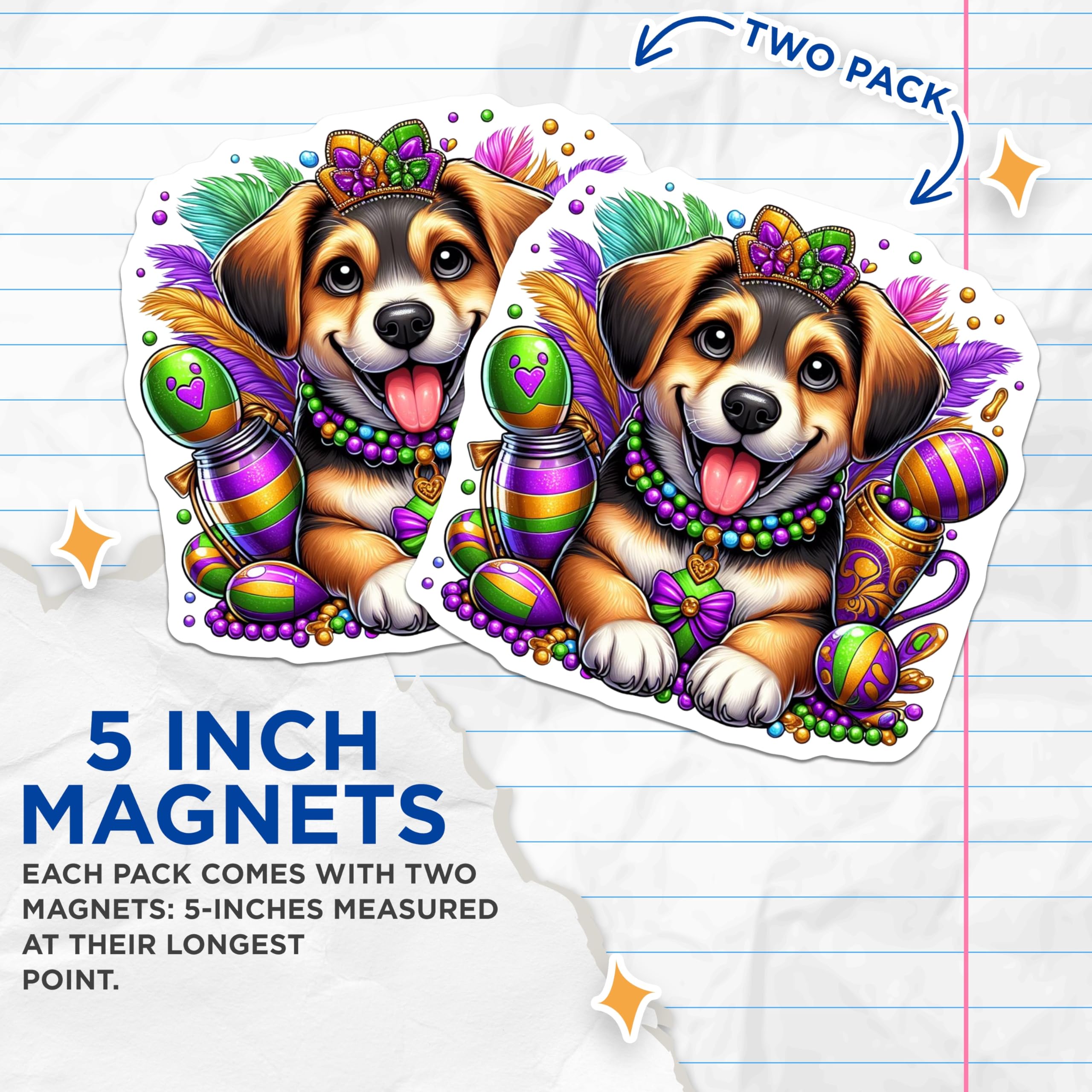 (2 Pack) Mardi Gras Puppy Magnets - Celebration Decor - Holiday Party Supplies - 5" On Longest Side - Premium Magnet - for Cars, Refrigerators, Toolboxes, Lockers - Made in USA - MAG14106