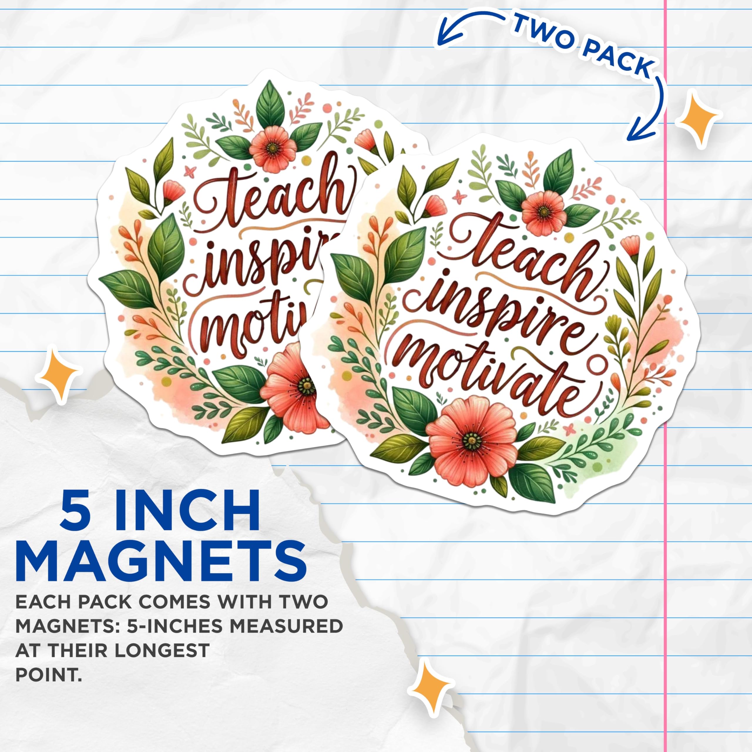 (2 Pack) Teach Inspire Motivate Magnets - Motivational Quote - Floral - Teacher Appreciation - Inspirational - 5" On Longest Side - for Cars, Fridges, Toolboxes - Made in USA - MAG4421