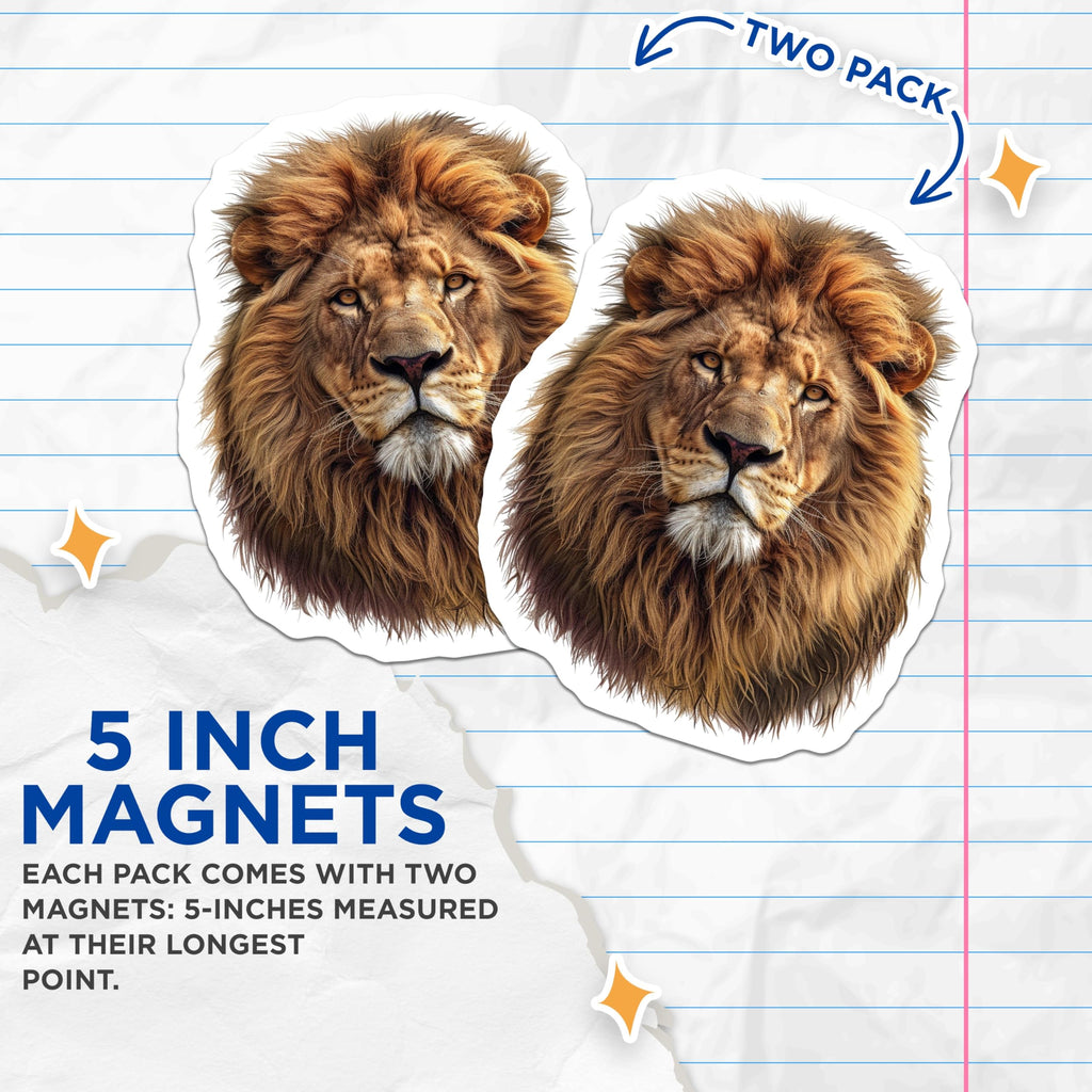 (2 Pack) Lion Head Magnets - Regal Animal Decor - Wildlife Fridge Magnets - 5" On Longest Side - Premium Magnet - for Cars, Refrigerators, Toolboxes, Lockers - Made in USA - MAG15687