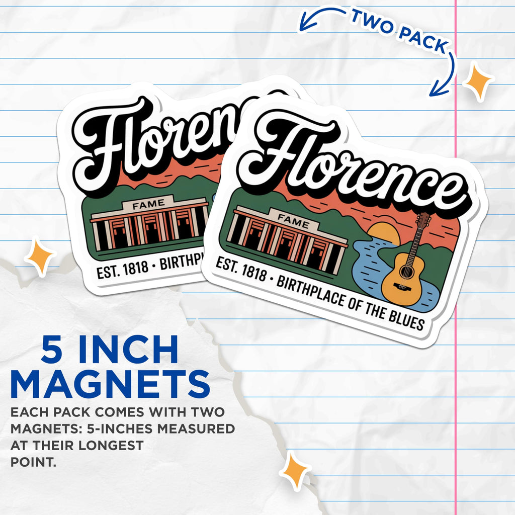 (2 Pack) Florence Alabama Magnets - Birthplace of Blues - Music City Fridge Decor - 5" On Longest Side - Premium Magnet - for Cars, Refrigerators, Toolboxes, Lockers - Made in USA - MAG18054