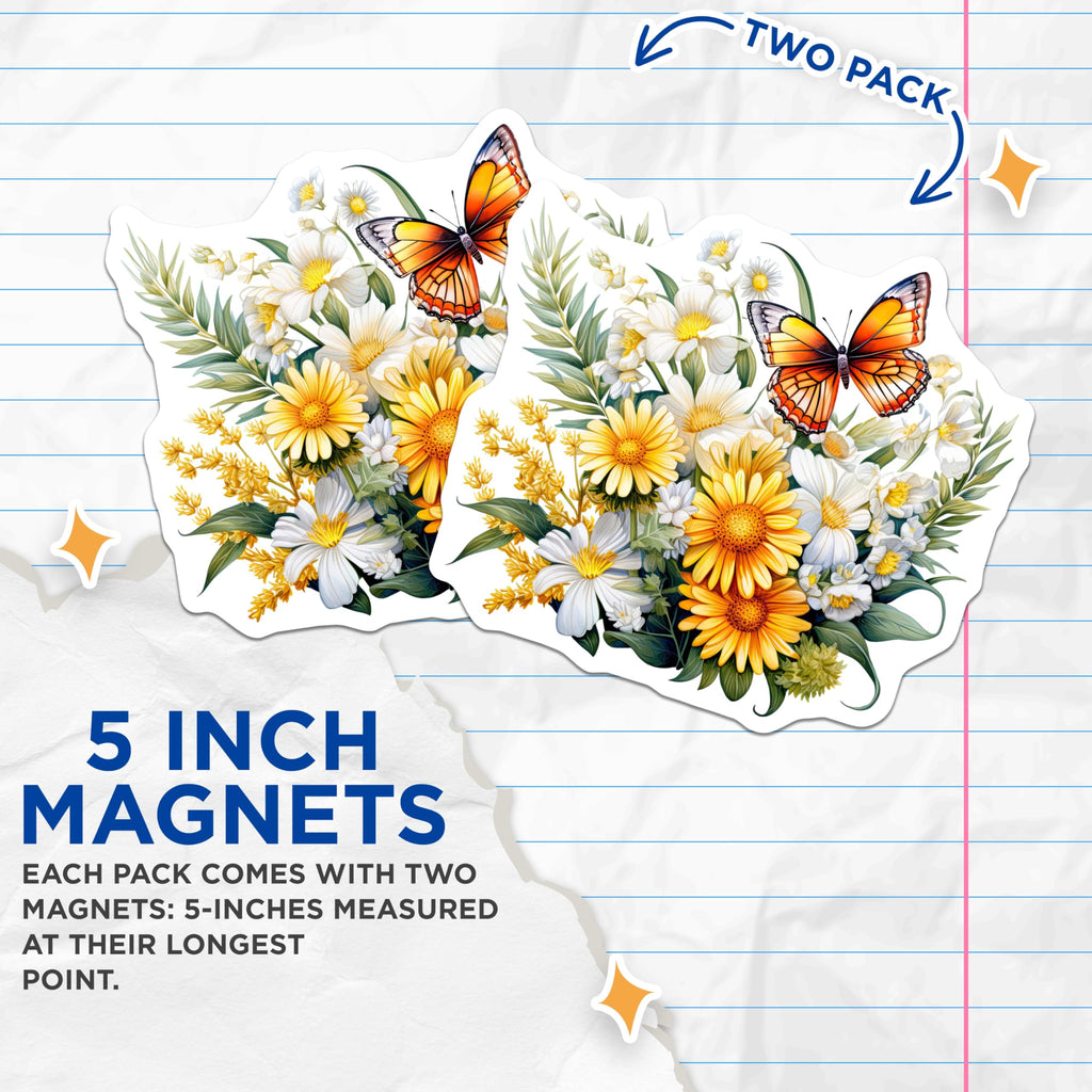 (2 Pack) Butterfly Floral Magnets - Flower Bouquet Magnets - Decorative Fridge Magnets - 5" On Longest Side - Premium Magnet - for Cars, Refrigerators, Toolboxes, Lockers - Made in USA - MAG16338