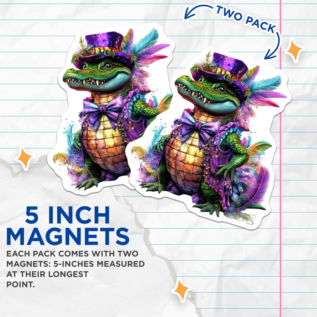 (2 Pack) Alligator Magnets - Mardi Gras Decor - Festive Fridge Magnets - 5" On Longest Side - Premium Magnet - for Cars, Refrigerators, Toolboxes, Lockers - Made in USA - MAG15443