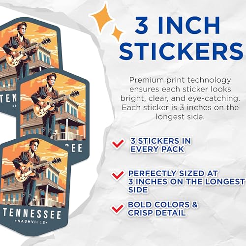 (3 Pack) Tennessee Guitarist Decals - Nashville Musician - Rock n Roll Decals - 3 Inches On Longest Side - Easy Peel & Apply - Made in USA - 3MCS0383