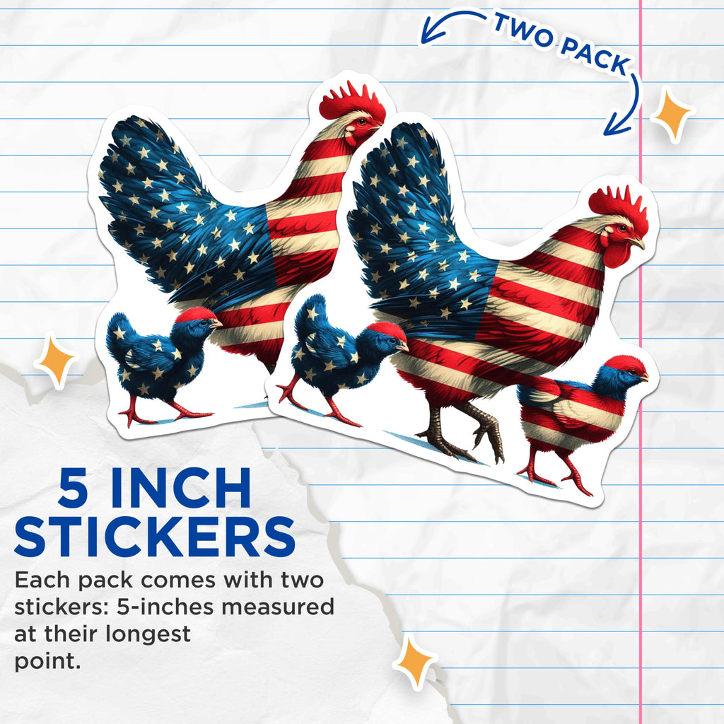 (2 Pack) Patriotic Chicken Stickers - American Flag Rooster Sticker - Red White and Blue Chickens - 5" On Longest Side - Sticks to Smooth Flat Surfaces - Made in USA - BMCS7230